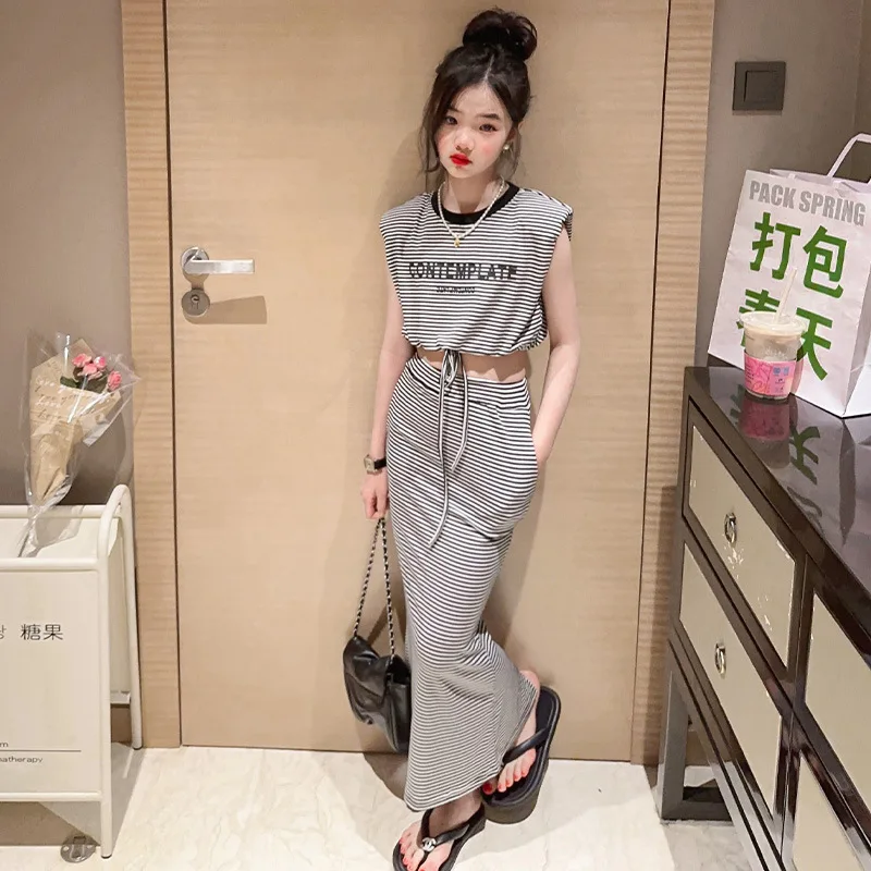 Summer Teen Girls Clothing Sets Child Fashion Letter Tops + Slim Long Skirt 2Pcs Outfits Kids Knitted Suits 5 6 8 10 12 14 Years