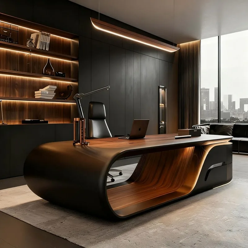 Luxury Modern L-Shaped Executive Work Desk Brown Wood Office Furniture with Panel Style China Manufacturer