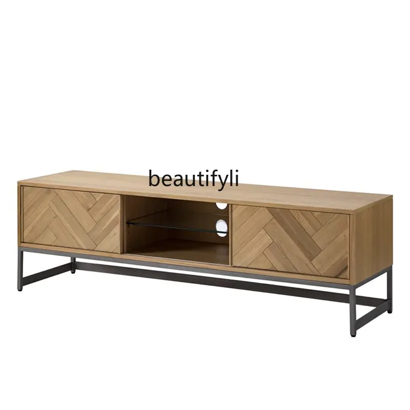 Herringbone Solid Wood TV Cabinet Wall Cabinet Small Apartment Furniture Mid-Ancient TV Stand