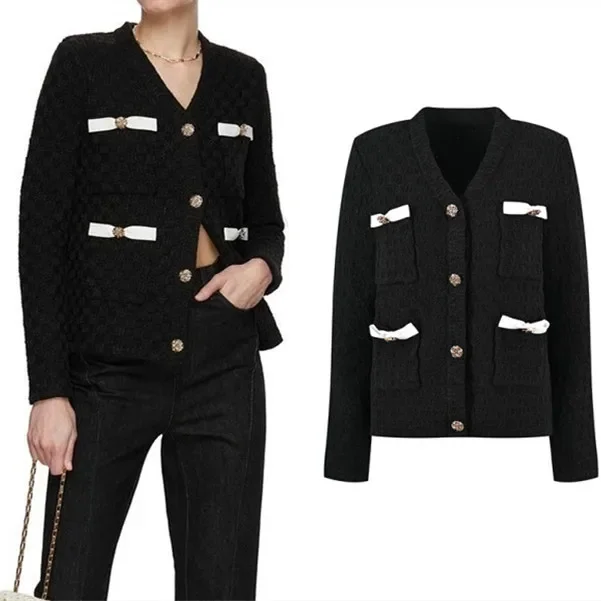 European Goods Graceful Home Cardigan, Classic Black Bow, Diamond Decorations, Button V-neck Knitted Top, High End Version