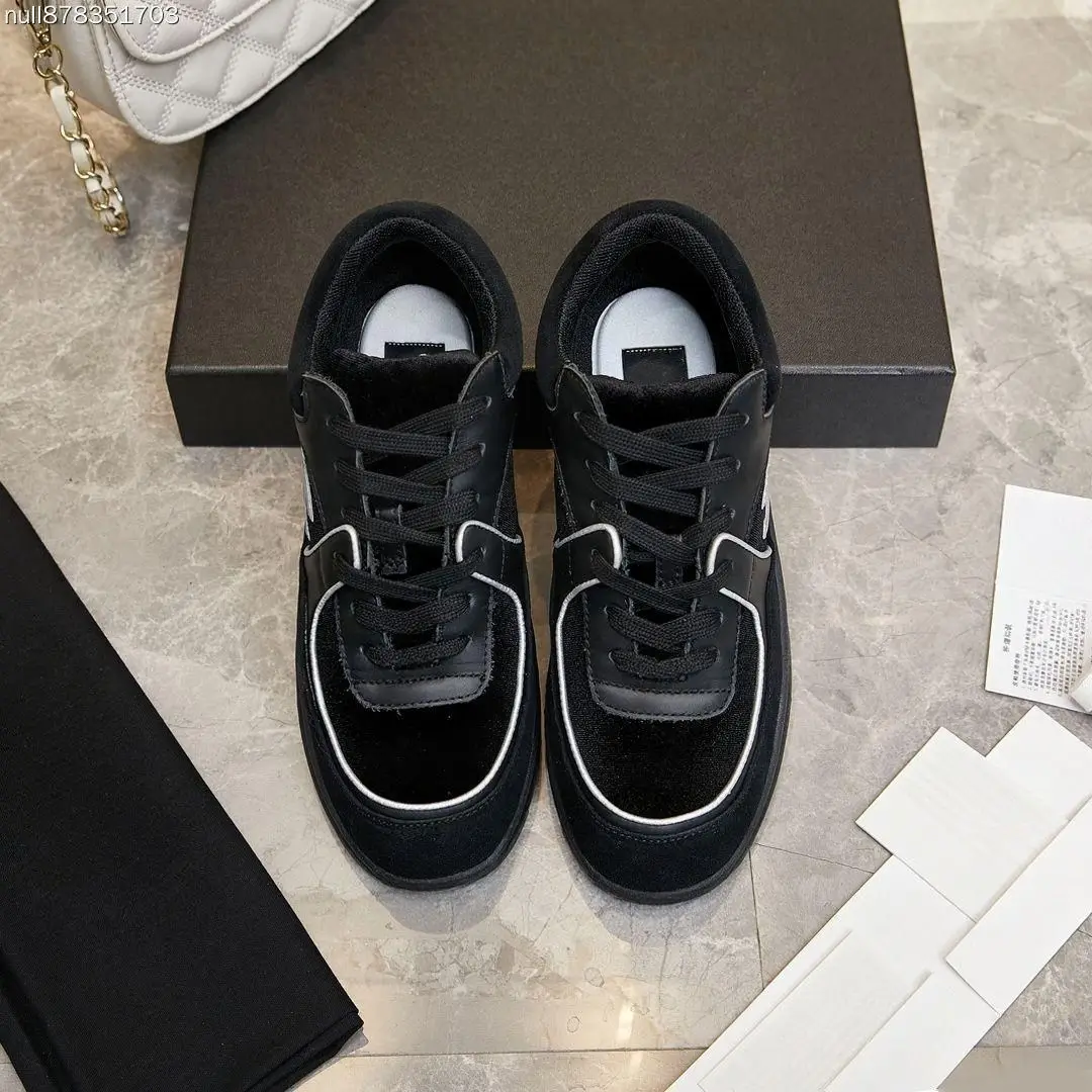 Unisex Round Toe Low Top Platform Casual Shoes Black Suede & Leather Patchwork With White Edge Lace Up Outdoor Sneakers