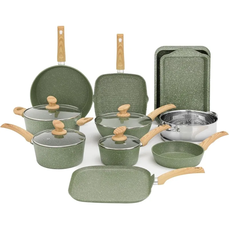 17 Pieces Induction Cookware Set with Griddle, Green Granite Pots and Pans Set Non Stick, Healthy Nonstick Cooki