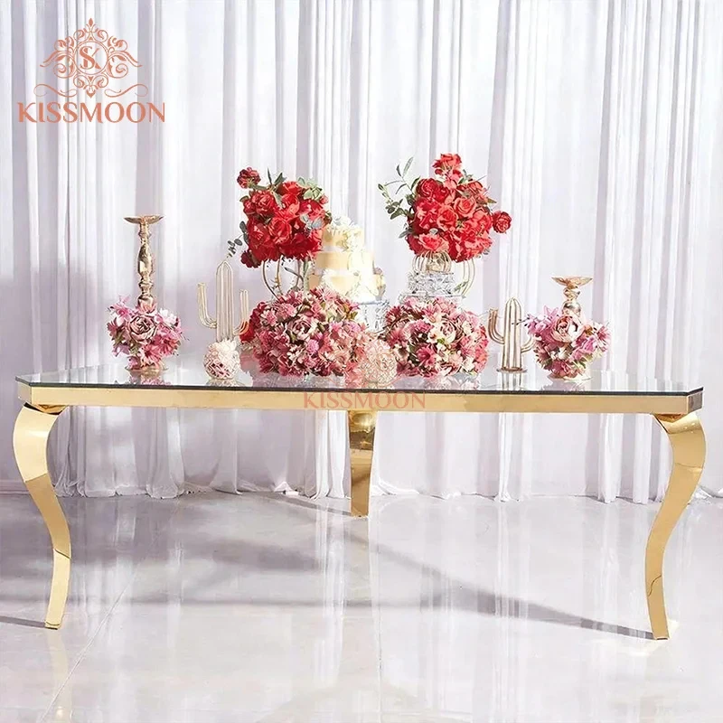 custom.Tempered Glass Wedding Table Modern Luxury Metal Banquet Table Hotel Events Hotel Furniture