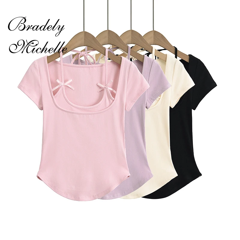 Hanging Neck Bow Short Sleeve New Solid Women Tops Sexy Pullover Bottoming Blouses T-shirt