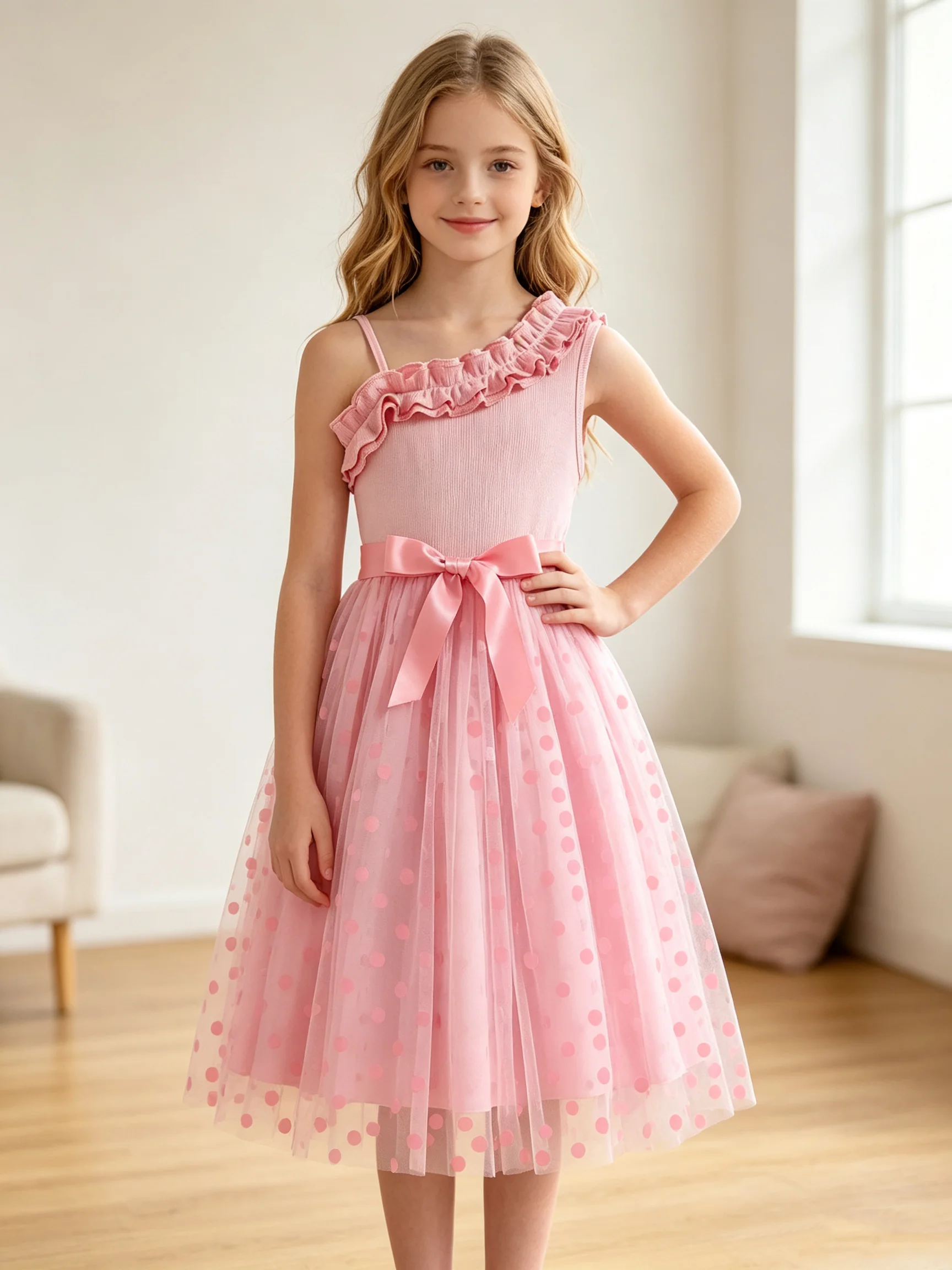 Summer Girl Ruffle Decoration Cami Tutu Dress Princess Mesh Children's Dress Leisure Sweet Style
