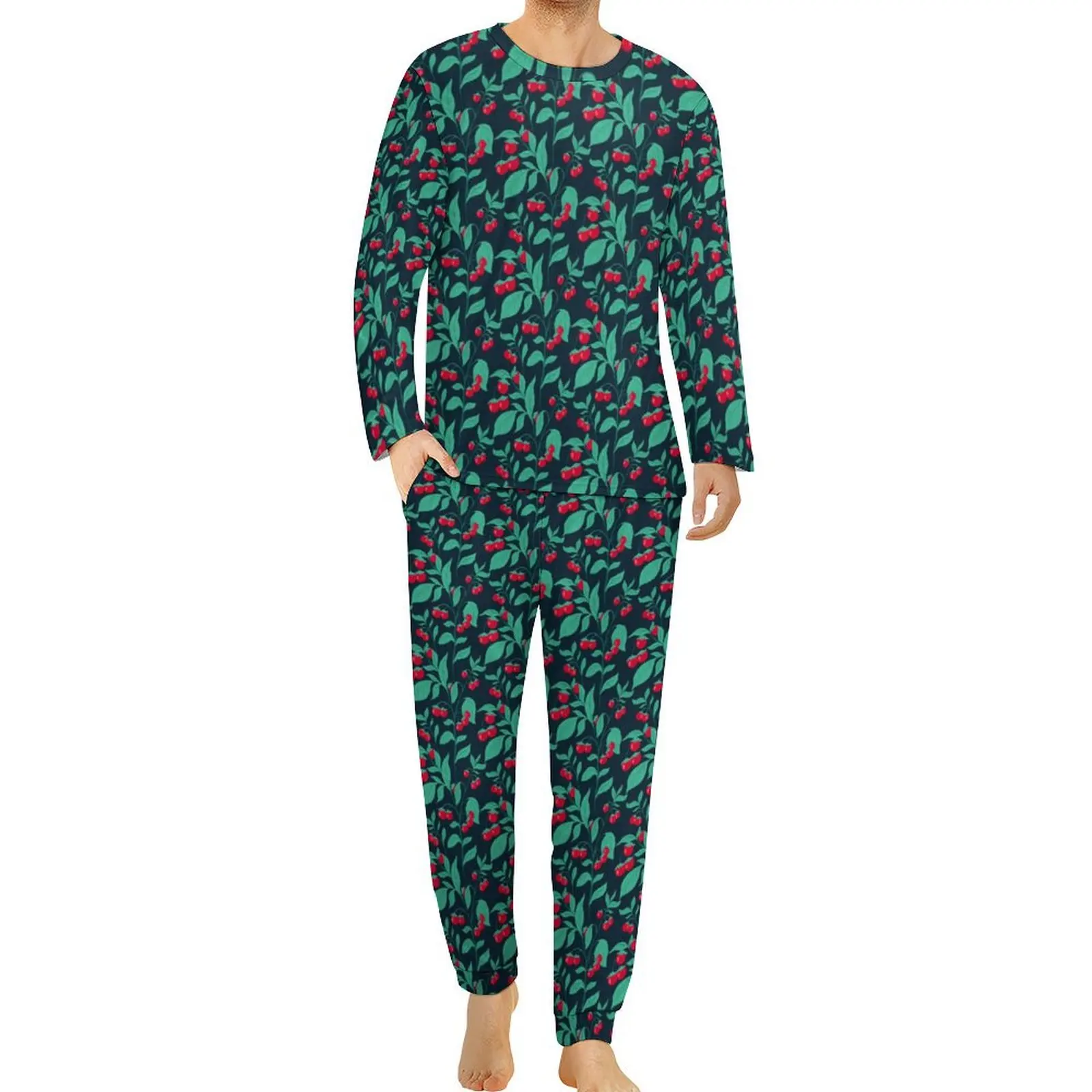 Cherry Tomatoes Pajamas Men Green Leaves Print Kawaii Sleepwear Spring Long Sleeve 2 Piece Room Custom Pajama Sets Big Size 5XL