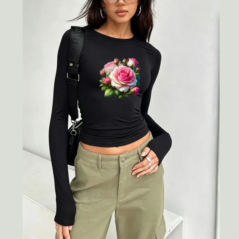 Romantic Rose Print Spring Autumn Women T-Shirt Causal Long Sleeve Crop Tops O Neck Pullovers Tees Slim Fit T Shirt