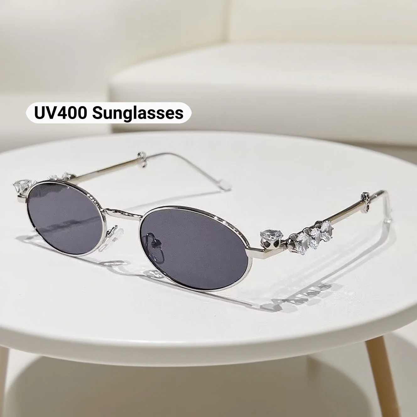 

2025 New Fashionable Metal Inlaid Diamond Elliptical Frame Women's Sunglasses Retro Neutral Luxury UV400 Sunscreen Glasses