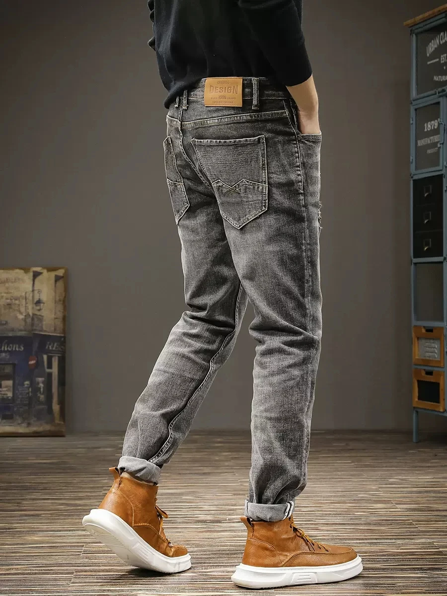 Fashion Designer Men Jeans Retro Black Gray Stretch Slim Fit Ripped Jeans Men Hole Trousers Vintage Casual Denim Pants Hombre