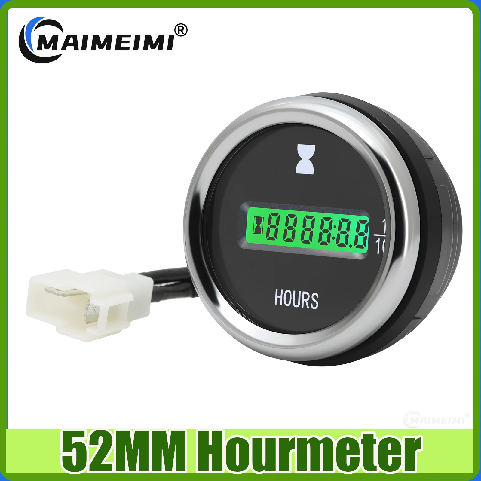 0-99999.9Hours Digital Clock Meter Gauge 52MM Hourmeters Green LED Light Car Timer 12V/24V for Car Truck Marine Boat Hour Meter