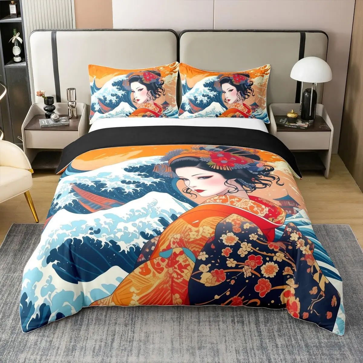 

Японский пододеяльник на тему Ukiyoe Queen King Size с принтом, комплект постельного белья, декор для детской спальни, японский стиль, 3 шт., с 2 наволочками