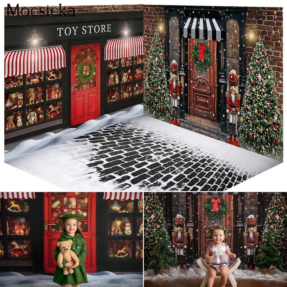 Xmas 3d Toy Store Room Backdrop Decorations Bear Santa Gifts Christmas Tree Background Vintage Snowy Stone Kids Portrait Shoot