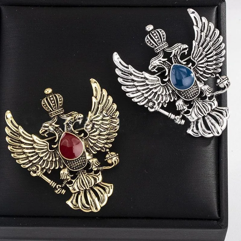 1Pc Retro Wing Metal Pins and Brooches Vintage Double Eagle Badge Brooch Crown Suit Lapel Pin