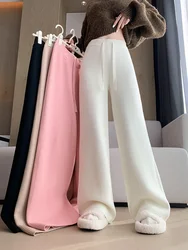 Wool Knit Wide Leg Pants for Women's Autumn New High Waist Casual Pants Korean Fashion Pink Soft Plush Straight Trousers Women