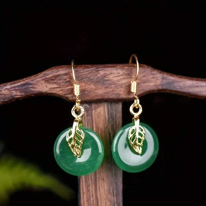 Huitan Ohrringe mit grüner Stein, Sicherheitsschnalle, weibliches Temperament, chinesischer Stil, Accessoires, ästhetischer Blatt-Schmuck, Geschenke für Mutter