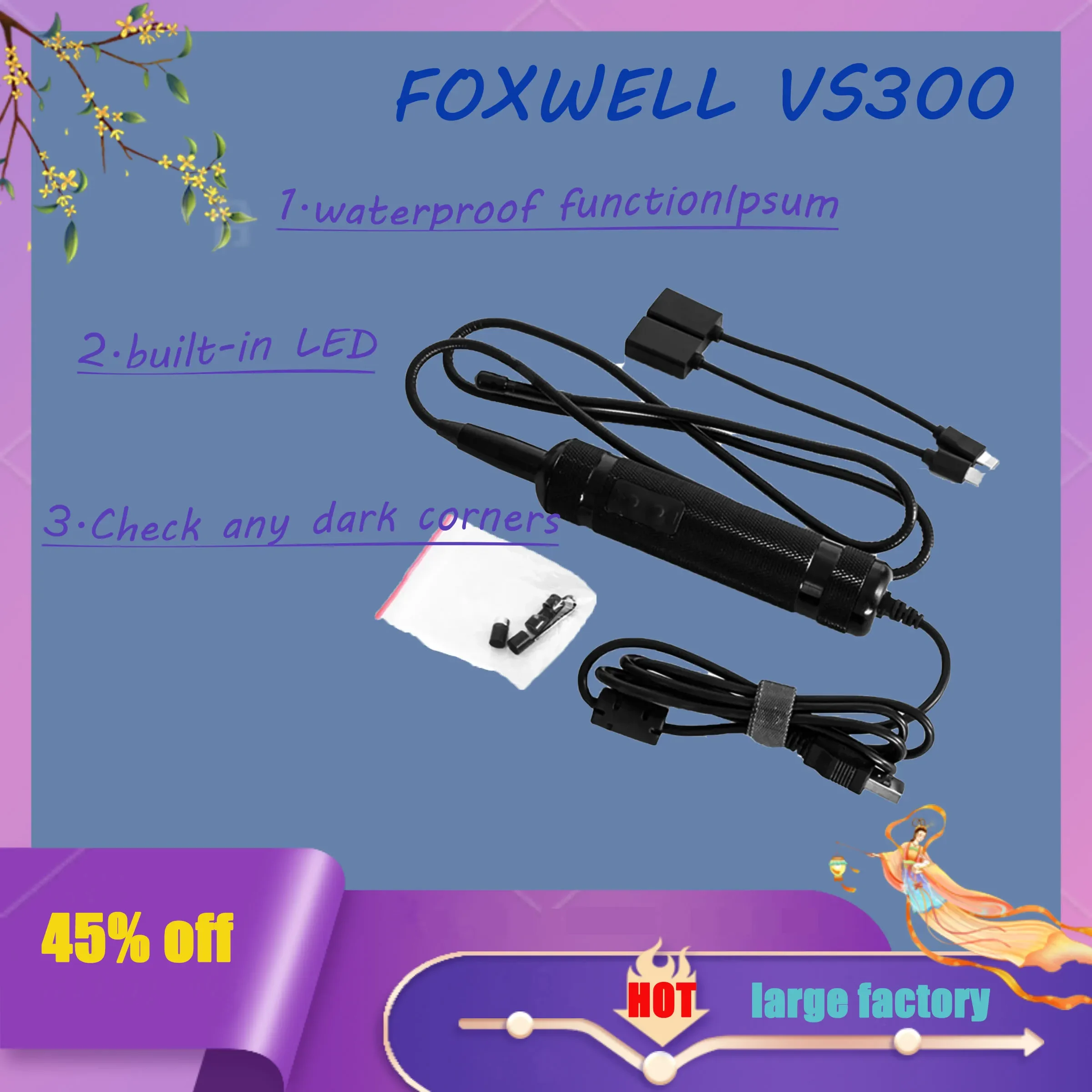 FOXWELL VS300 Probe Camera used to inspect any dark, fluid soaked and hard to reach areas.  inserting the probe car accessories