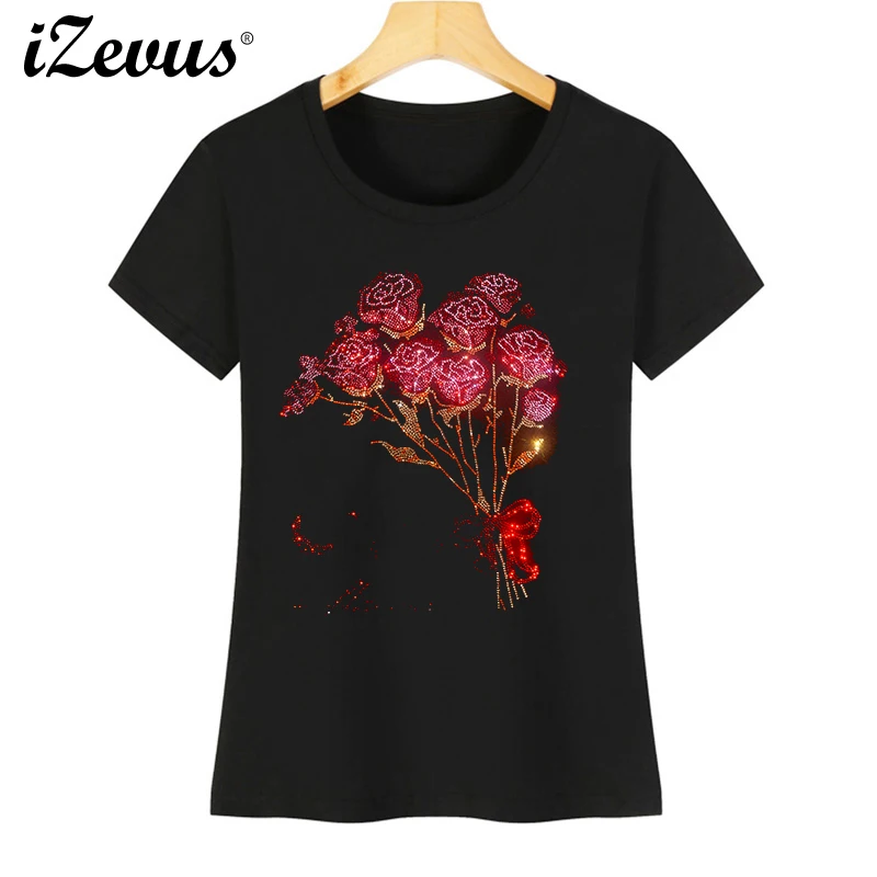 High-quality beautiful red and pink rose diamond T-shirt hot drilling ladies summer short-sleeved cotton casual T-shirt  S-4XL