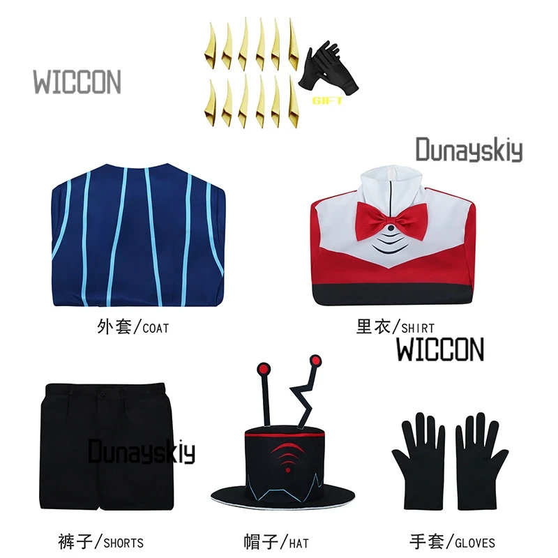 مجموعة كاملة من أزياء Hazbin Vox بدلة أنيمي باللون الأزرق والأحمر مع ملحقات ثلاثية الأبعاد معطف موحد للبالغين في كرنفال الهالوين وعيد الميلاد