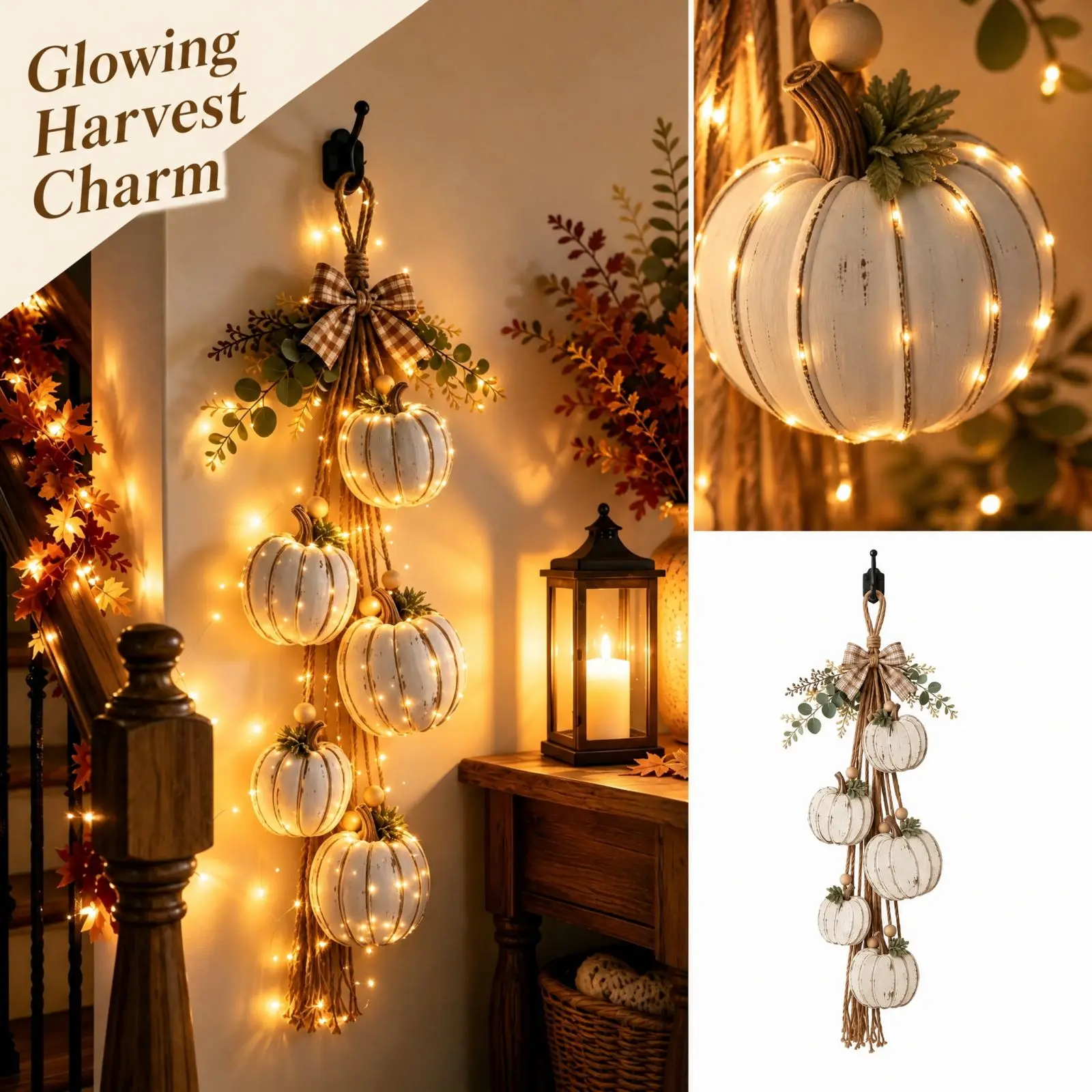  Wooden Pumpkin Shaped Pendant Wall Hanging Decor with Lights 2D Halloween Fall Hanging Ornament for Home Holiday Decoration