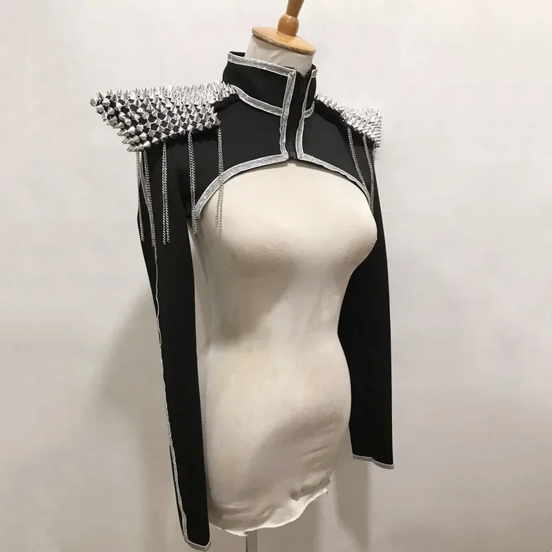 Women Jazz Dancer Singer Rivet Armor Waistcoat Stage Performance Accessories Black Red Rivet Shoulder Pads Vest Dance Costume