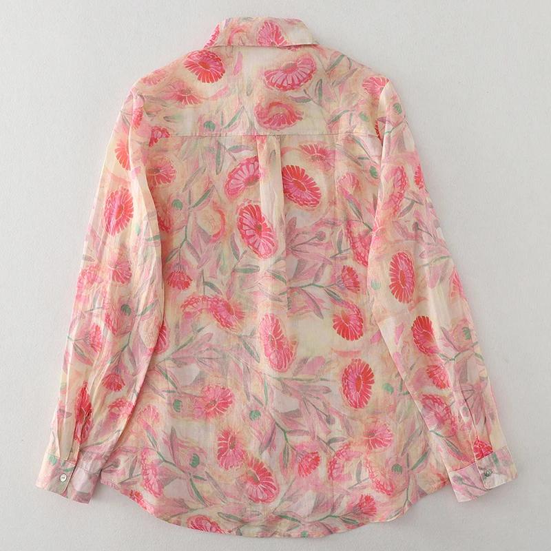 Autumn 2025 New Pink Floral Print Linen irt Women's Loose Fit Long Sve  Collar Versatile Top Casual Faion irt