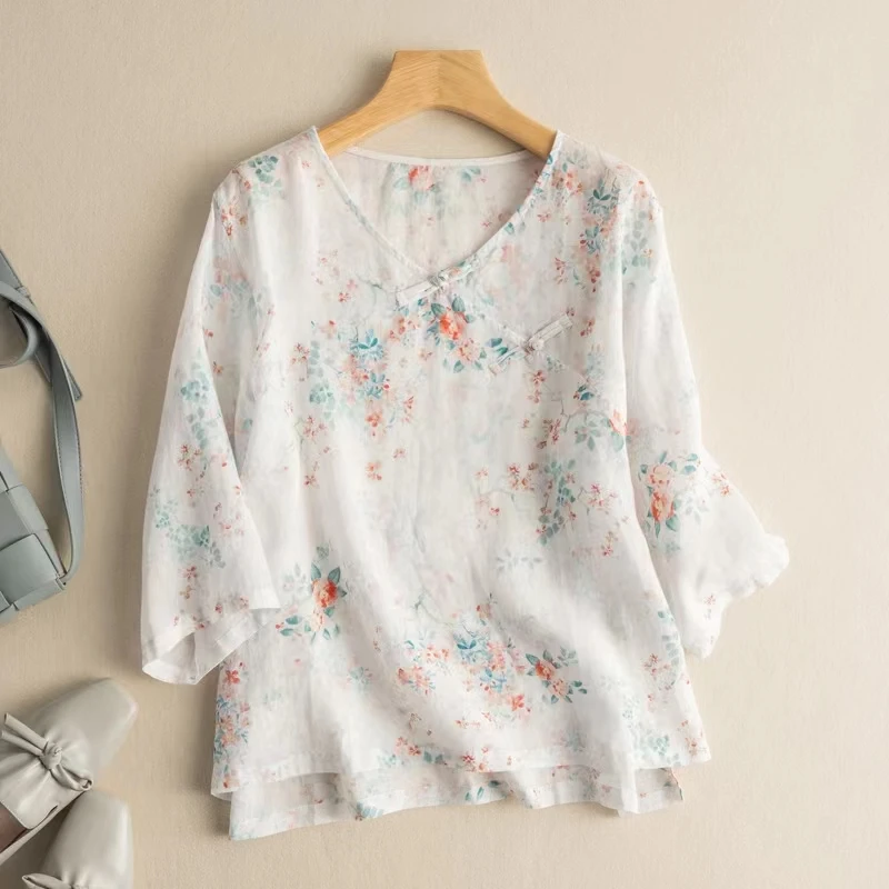 

Summer Cotton Linen irt Women's Floral Print round Ne Loose Fit T-irt Traditional Chinese Button Design f Sve Top
