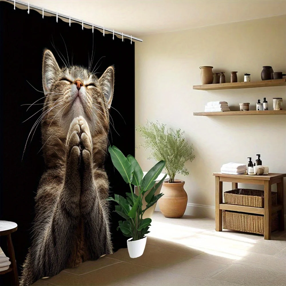 Funny Cat Shower Curtain, Praying Tabby Cat Print, Humorous Animal Bathroom Decor, Novelty Polyester Bath Curtain with Hooks