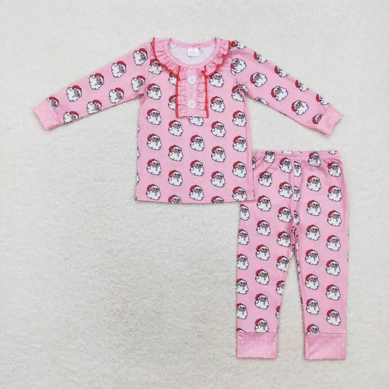 Western Christmas Baby Girls Pink Bow Pattern Leaves Green Lace White Long Sleeves Pajama Set Boutique Children Long Sleeve Suit