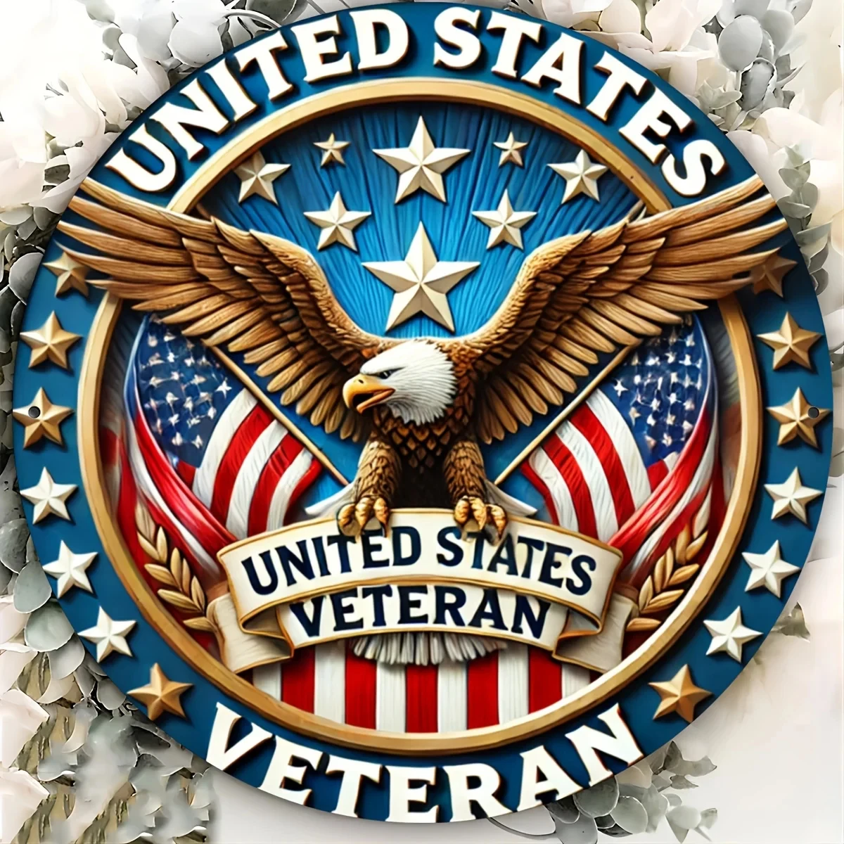 1 Piece of American Veteran Badge, Round Iron Sign with Patriotic Eagle and American Flag, Home, Living Room, and Doorway Decoration