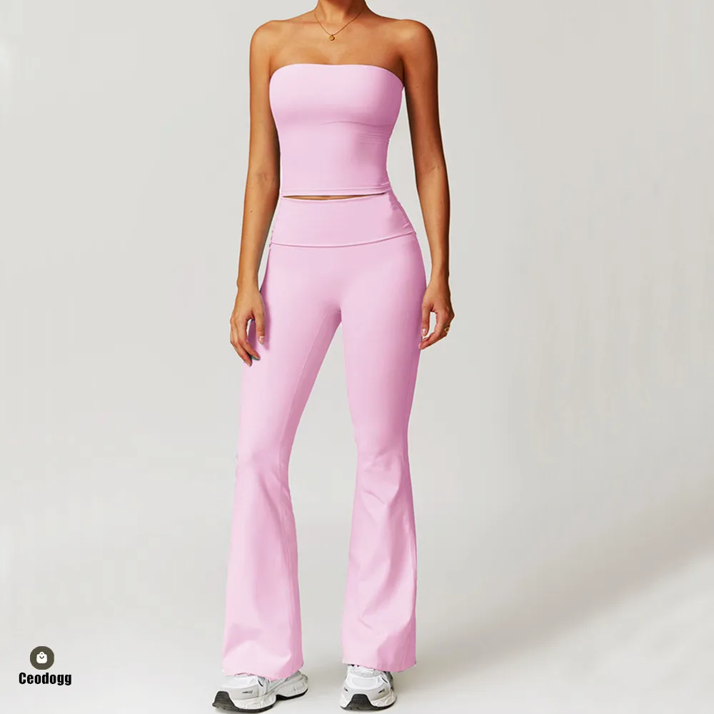 

2 шт. комплекты для йоги, женский спортивный бюстгальтер без бретелек для спортзала, удлиняющие топы для пилатеса, широкие расклешенные брюки для бега, брюки для фитнеса XP72