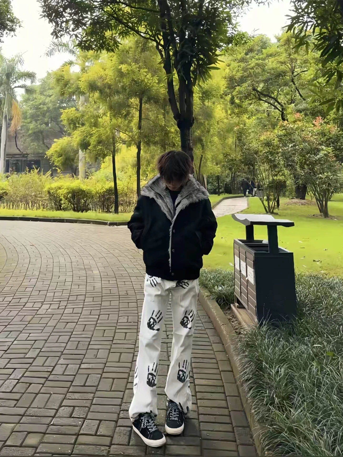 

Handprint Bell Bot High Waist Straight Leg Denim Jeans Men's Hip Hop Sle Faionable Autumn Season ex Clothing
