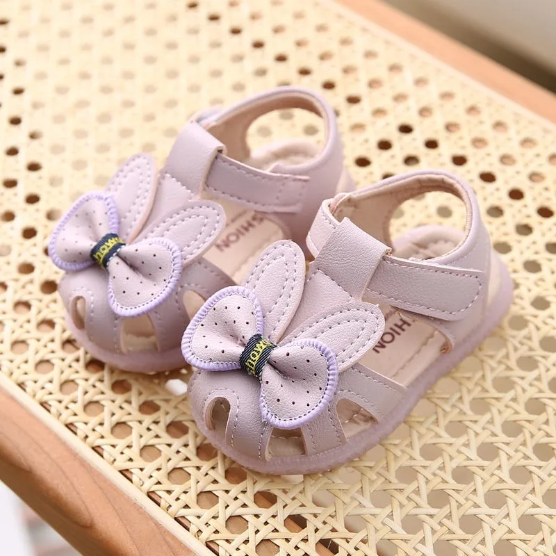 Summer Girls Princess Walking Sandals Kids Bow Soft-Soled Closed-Toe Shoe Children Hollow-Out Beach Shoes Indoor Outdoor Slipper