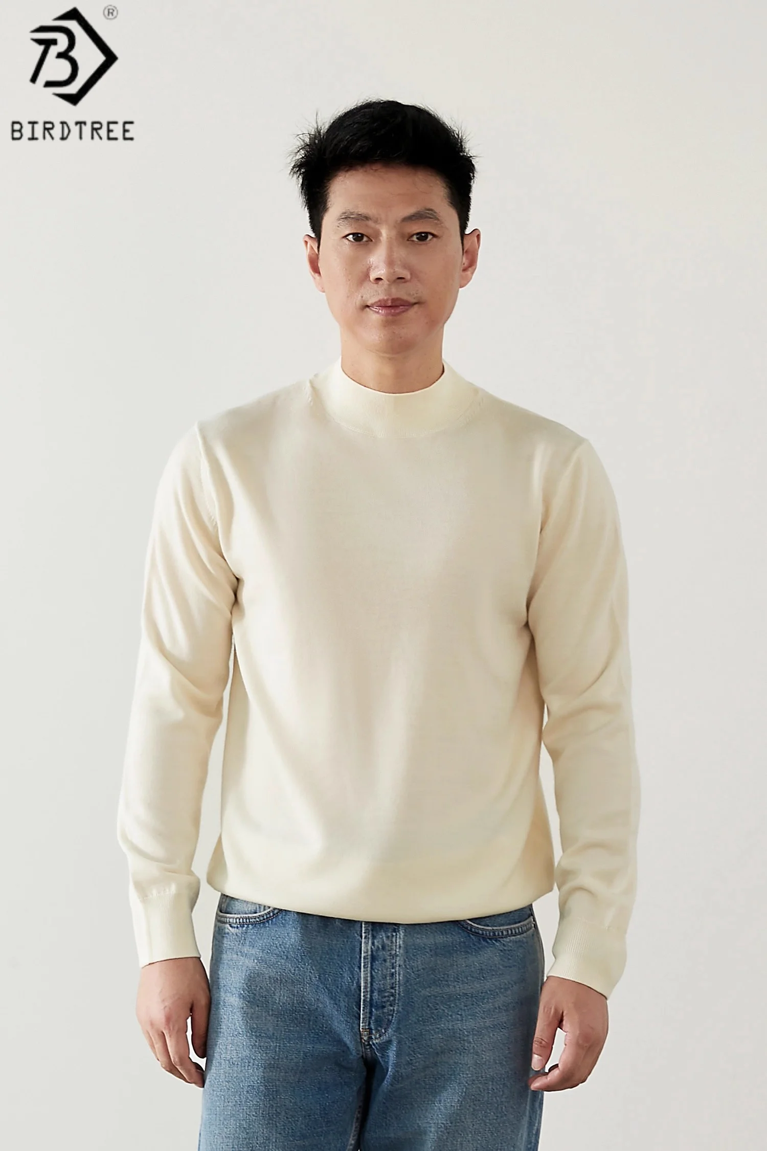 

Birdtree, трикотажная нижняя рубашка из 100% овечьей шерсти, мужской мягкий шерстяной свитер из пряжи Yangtze с длинными рукавами и высоким воротом, осень T58029JF