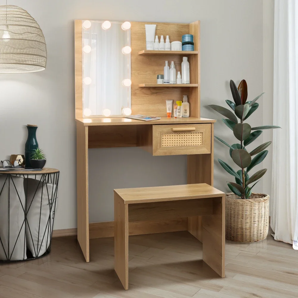 Vanity Desk Set Stool Dressing Table LED Lighting Mirror Drawer Compartments Modern Wood Cosmetic Table Chest of Drawers Nature