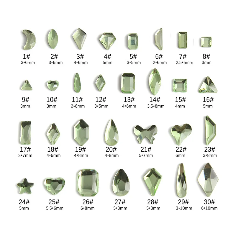 100pcs Light green multi style Flat Back Nail Rhinestone  Special Shaped Crystals Nail Art Stones 3D Personalized Decoration