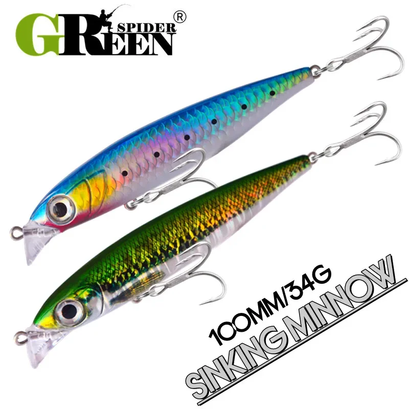 GREENSPIDER Sinking Minnow 100 mm 34 g Wobbler Pesca Swimbait Long Cast Tackle Hecht Angelhaken Meeresangelköder Jerkbait