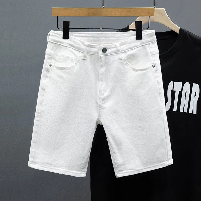 

2026 New Summer Soft Elastic White Men Denim Shorts Straight Fit Basic Solid Color Knee-length Short Jeans Brand Fashion Clothes