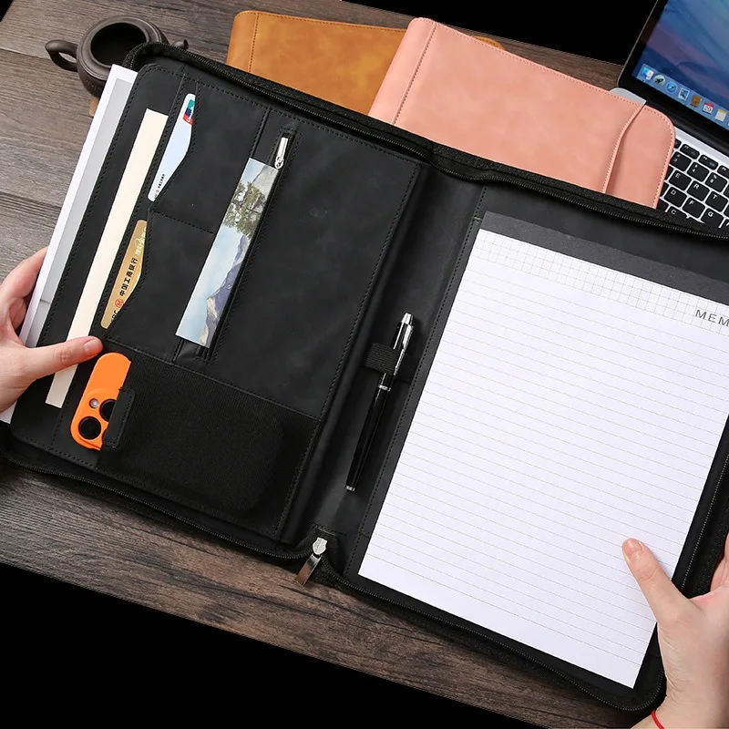 

Leather padfolio, A4 portfolio folder, business padfolio organizer, zipper portfolio with phone holder, conference write folder