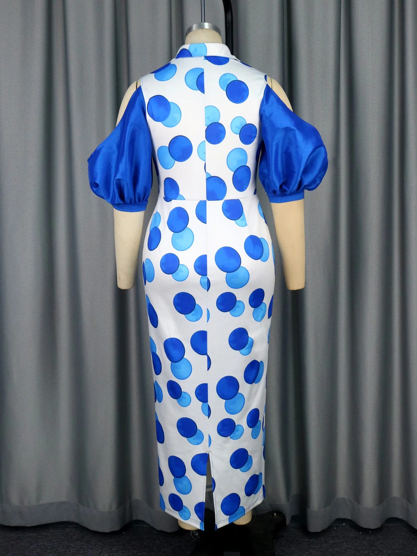 Robe bleue à manches lanterne, col en V découpé, patchwork à pois, longueur de rinçage, soirée, fête, quelle que soit la robe, 2024