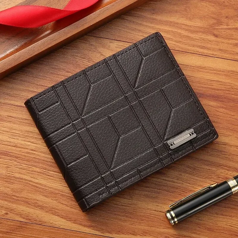 New Fashion Men's Wallet Men's Short Wallet Youth Fashion Plaid Horizontal Soft Leather Clip Large Capacity Multi Slot Wallet