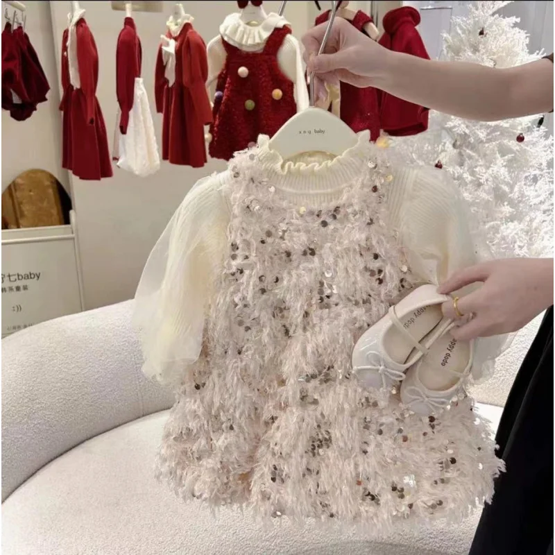 01-Elegant Girl's Vest Dress with Sequins for Festivals and Birthdays, Quilted Vest Dress, New Stylish Dress
