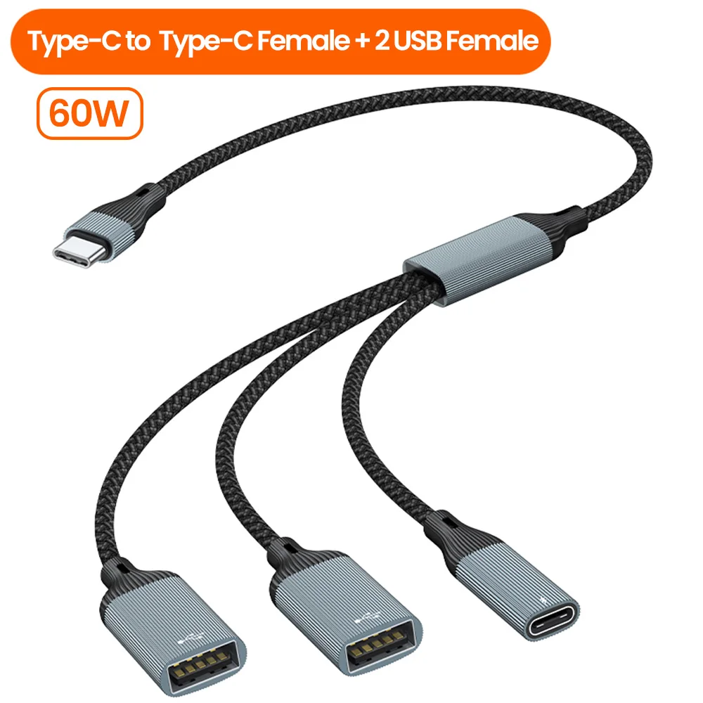 OLAF Typ C HUB PD 60 W Schnelllade-Multi-Port-Splitterkabel, USB-Stecker auf USB + TypC-Buchse, OTG-Adapter, Datenübertragungsstecker 4