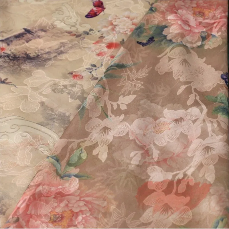 Nieuwe Chinese stijl Xiangyun gaas bedrukte stof cheongsam bovenkledingstuk tie-dye borduurwerk en