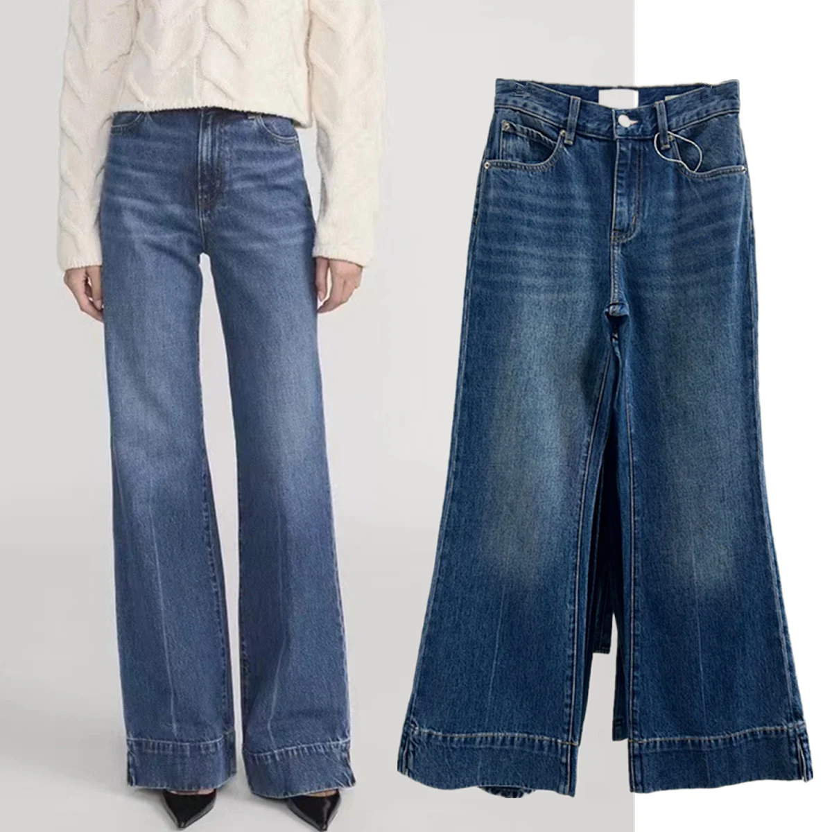 

Maxdutti Minimalist Commuting Casual Blue Jeans 2026 Spring High Waist Wide Leg Mid Line Women's Denim Pants Woman Clothes