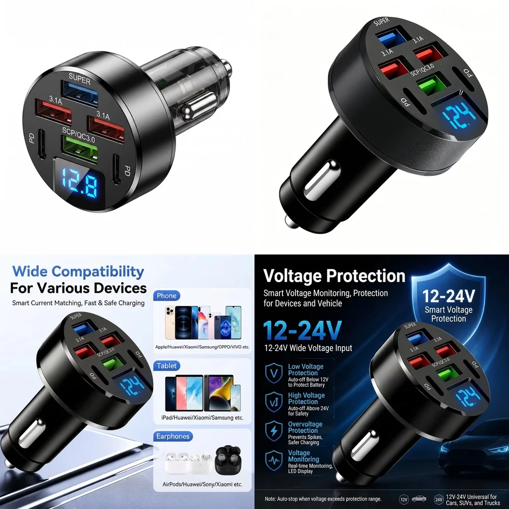 100W 6 in 1 Multi Port Car Charger with LED Digital Voltage Display QC3.0 PD Fast Charge USB Adapter for Samsung iPhone iPad