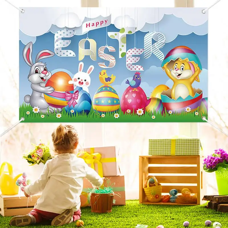 Happy Easter Backdrop 180x110cm Spring Easter Photography Banner Cloth With Bunny And Eggs Pattern Easter Photo Background
