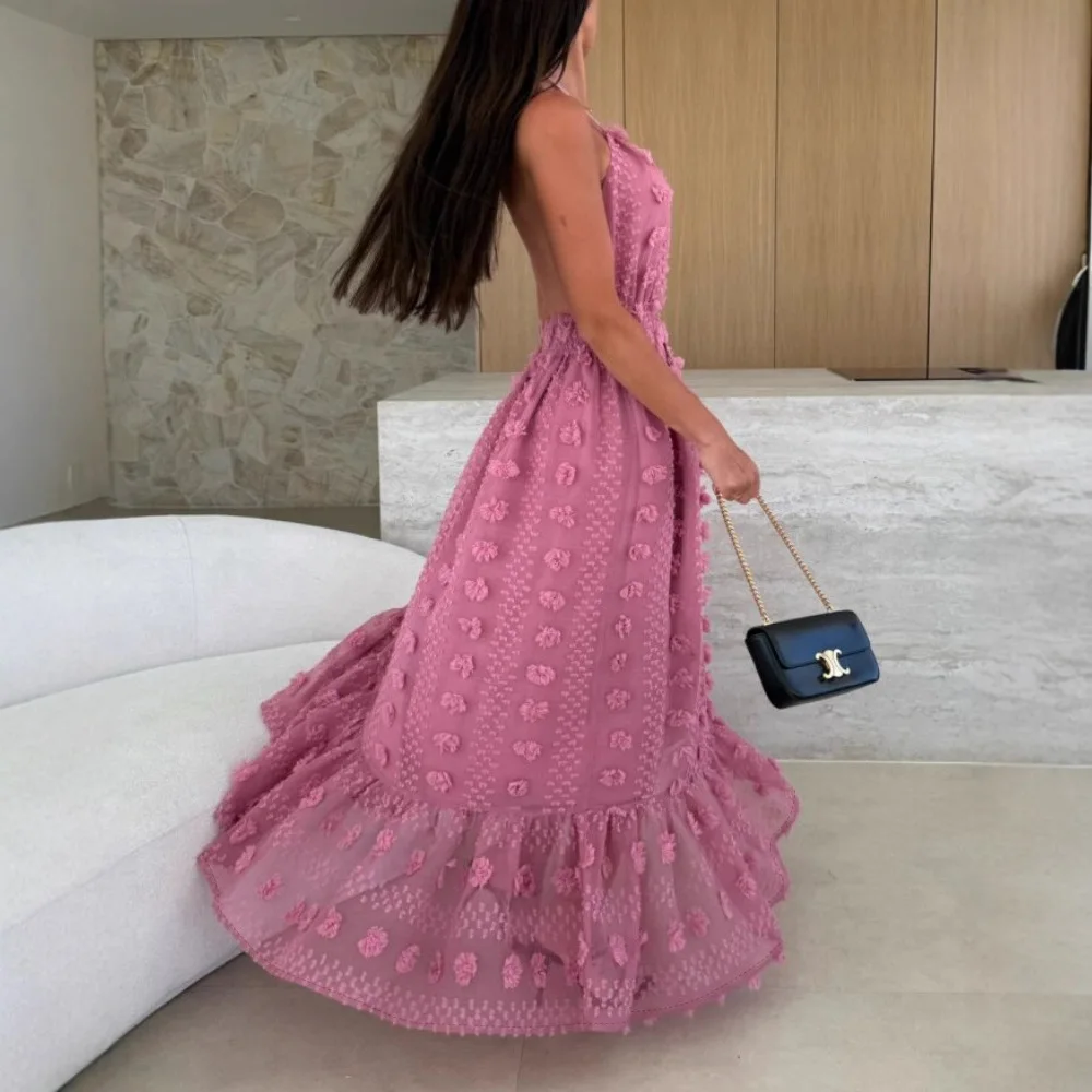 Mulheres sexy verão halter 3d flor malha fenda vestido de noite sem costas franzido plissado hem dupla camada maxi vestido