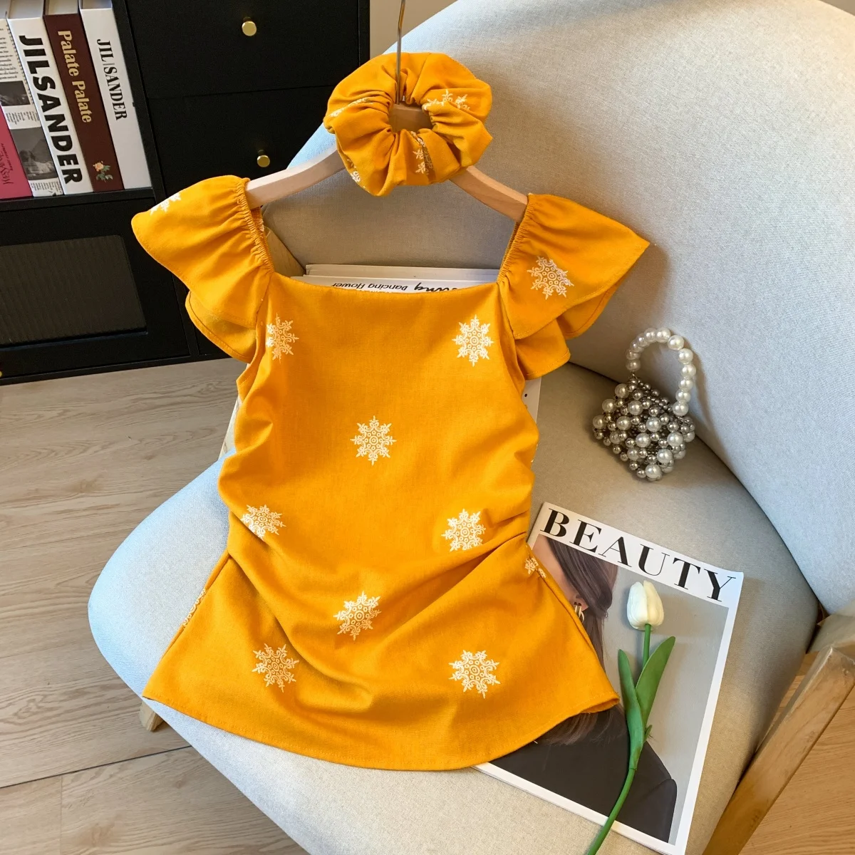 

Summer 2026 New Style Embroidered Fly Sleeve Waist Cinched Small Shirt Square Collar One Shoulder Two Ways to Wear Women's Top