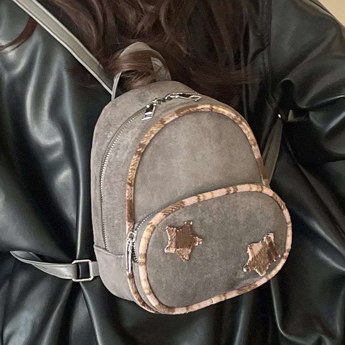 حقيبة ظهر كلاسيكية صغيرة من جلد الغزال الصلبة الناعمة متجمد التصحيح ستار الحقائب المدرسية سعة كبيرة الإناث عارضة التسوق لطيف الكتف حزمة #5