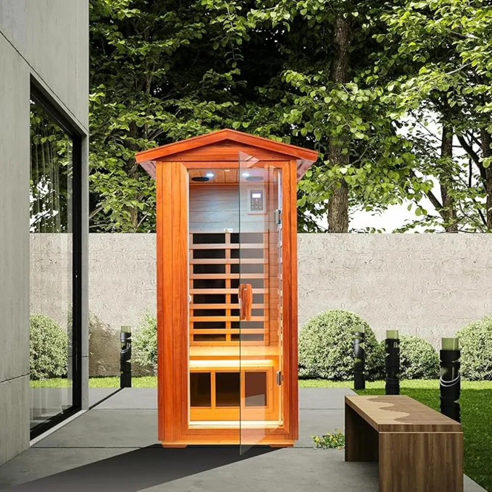 

Enhance Relaxation with One Person Far Infrared Outdoor Sauna Room, Bluetooth Audio, Waterproof Design, Natural Wood Finish